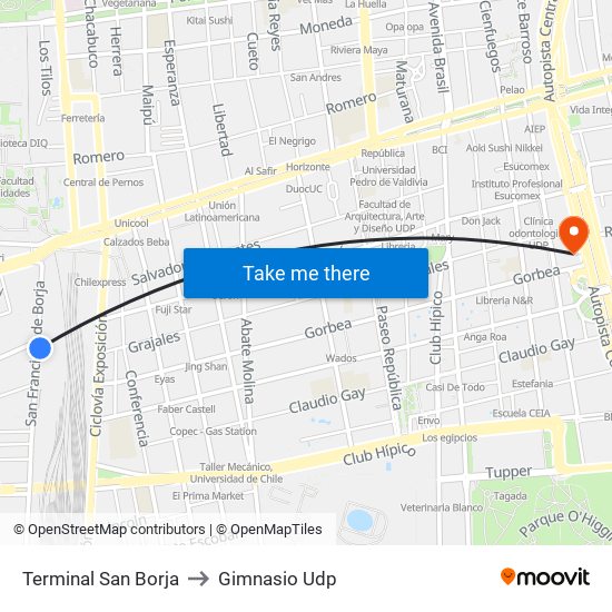 Terminal San Borja to Gimnasio Udp map