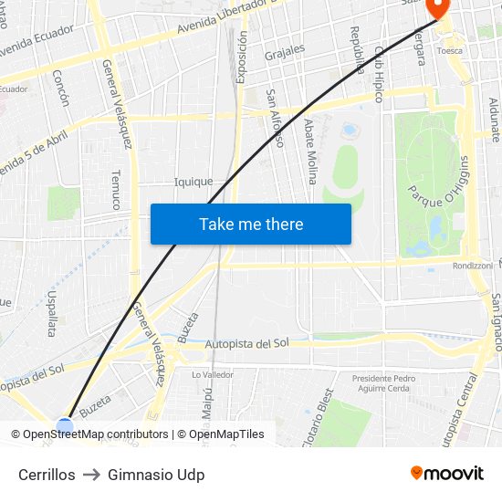 Cerrillos to Gimnasio Udp map