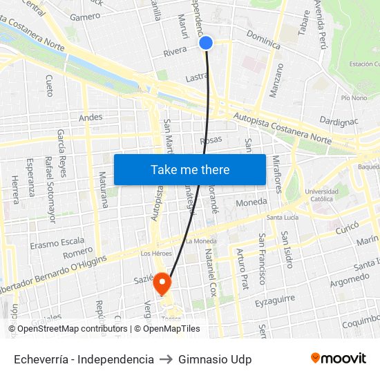 Echeverría - Independencia to Gimnasio Udp map