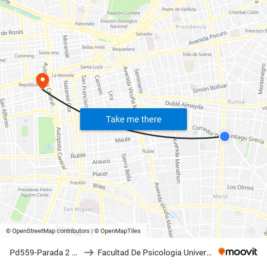 Pd559-Parada 2 / Pedagógico to Facultad De Psicologia Universidad Diego Portales map