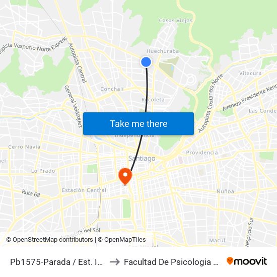 Pb1575-Parada / Est. Intermodal Vespucio Norte to Facultad De Psicologia Universidad Diego Portales map