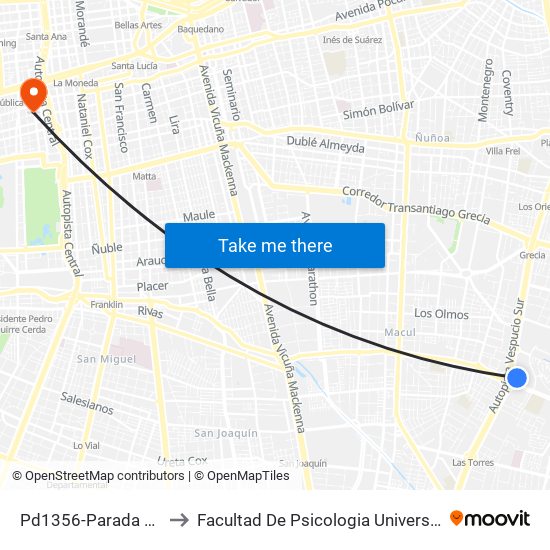 Pd1356-Parada 2 / (M) Quilín to Facultad De Psicologia Universidad Diego Portales map