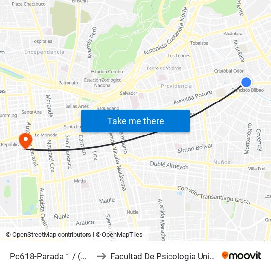 Pc618-Parada 1 / (M) Francisco Bilbao to Facultad De Psicologia Universidad Diego Portales map