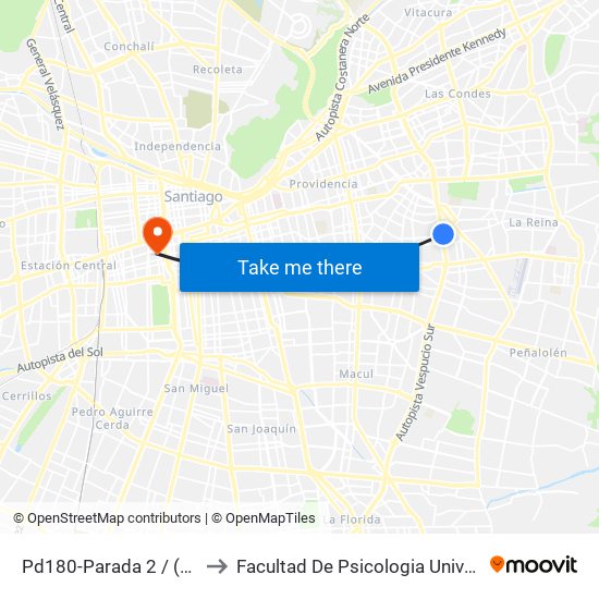Pd180-Parada 2 / (M) Simón Bolívar to Facultad De Psicologia Universidad Diego Portales map