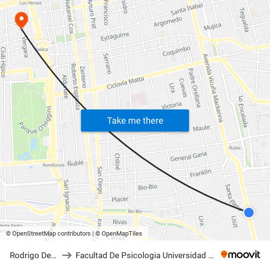 Rodrigo De Araya to Facultad De Psicologia Universidad Diego Portales map