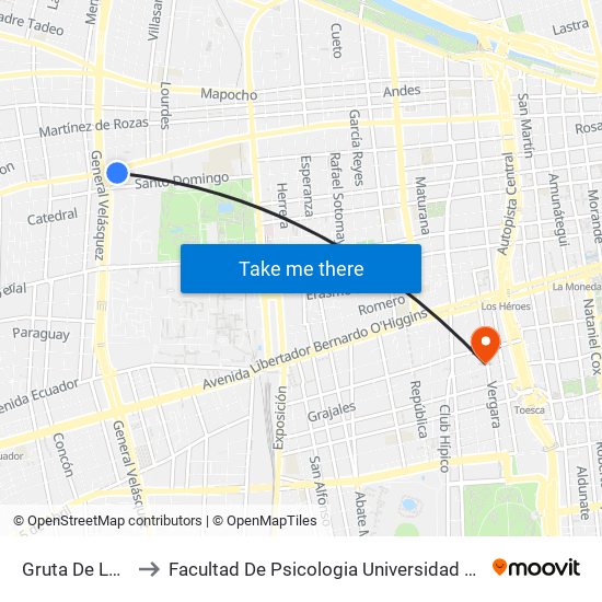 Gruta De Lourdes to Facultad De Psicologia Universidad Diego Portales map