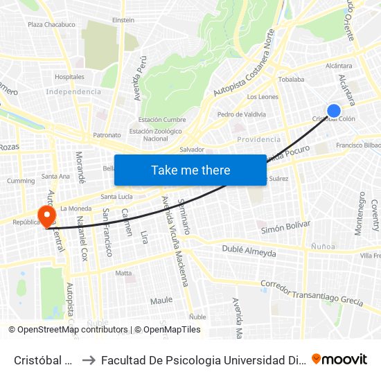 Cristóbal Colón to Facultad De Psicologia Universidad Diego Portales map