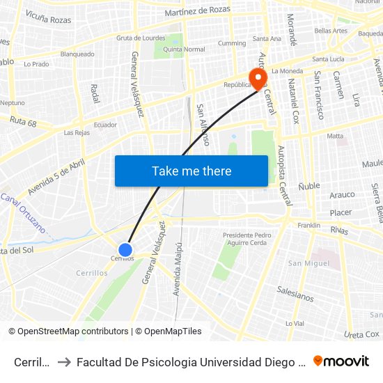 Cerrillos to Facultad De Psicologia Universidad Diego Portales map