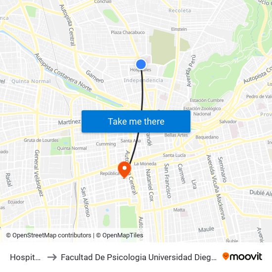 Hospitales to Facultad De Psicologia Universidad Diego Portales map