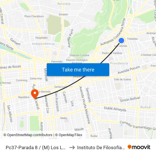 Pc37-Parada 8 / (M) Los Leones to Instituto De Filosofía Udp map