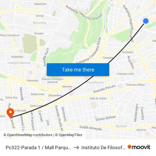 Pc322-Parada 1 / Mall Parque Arauco to Instituto De Filosofía Udp map