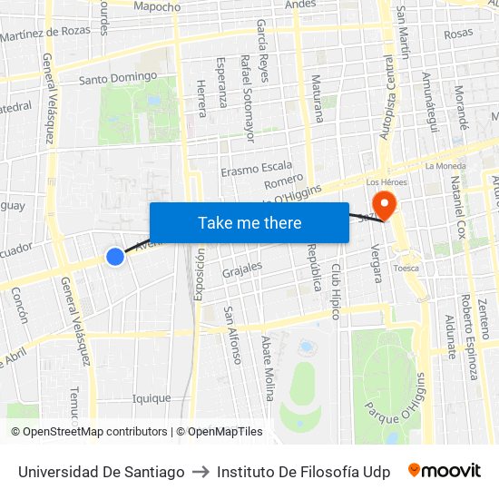 Universidad De Santiago to Instituto De Filosofía Udp map