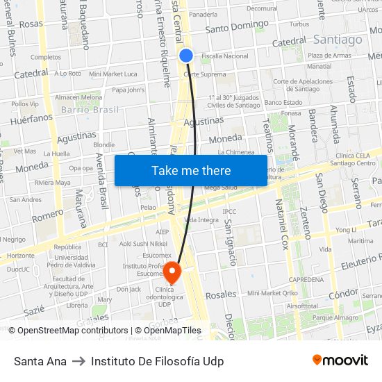 Santa Ana to Instituto De Filosofía Udp map