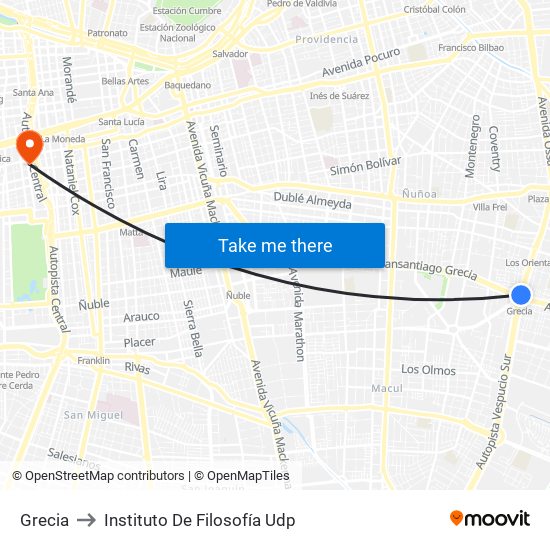 Grecia to Instituto De Filosofía Udp map