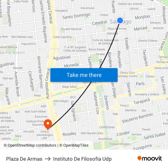 Plaza De Armas to Instituto De Filosofía Udp map