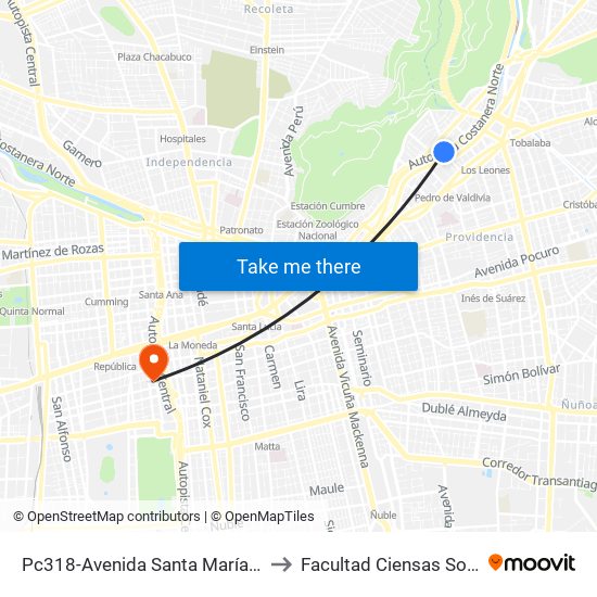 Pc318-Avenida Santa María / Esq. Av. Pedro De Valdivia to Facultad Ciensas Sociales Diego Portales map