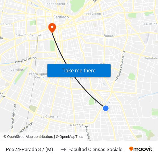 Pe524-Parada 3 / (M) Vicente Valdés to Facultad Ciensas Sociales Diego Portales map
