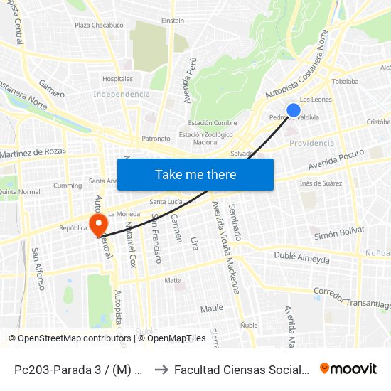 Pc203-Parada 3 / (M) Pedro De Valdivia to Facultad Ciensas Sociales Diego Portales map