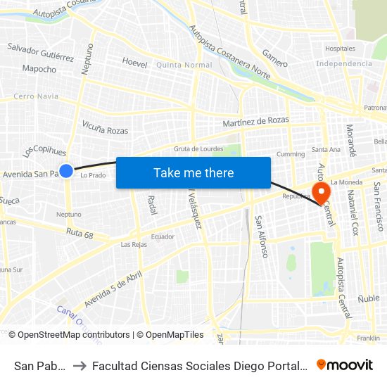 San Pablo to Facultad Ciensas Sociales Diego Portales map