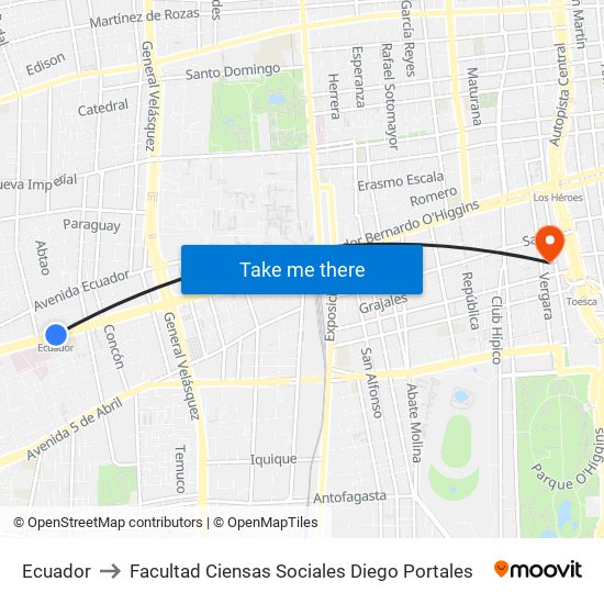 Ecuador to Facultad Ciensas Sociales Diego Portales map