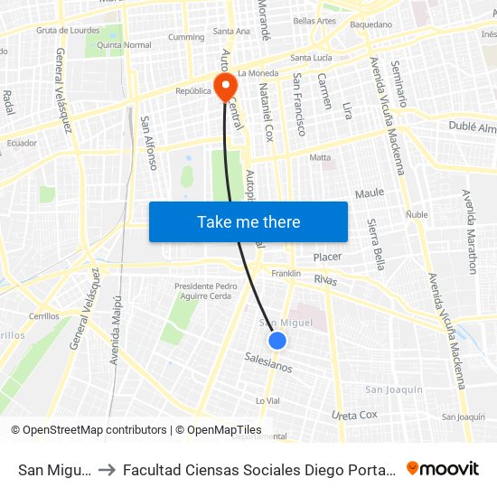 San Miguel to Facultad Ciensas Sociales Diego Portales map