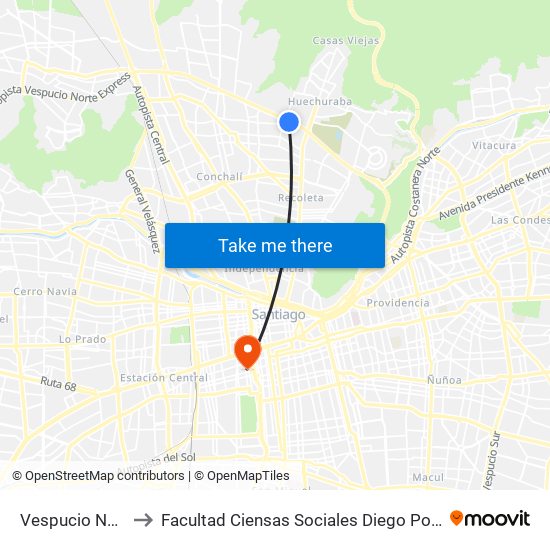 Vespucio Norte to Facultad Ciensas Sociales Diego Portales map