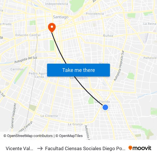 Vicente Valdés to Facultad Ciensas Sociales Diego Portales map