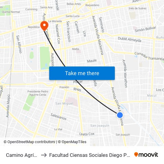 Camino Agrícola to Facultad Ciensas Sociales Diego Portales map