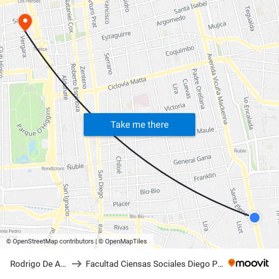 Rodrigo De Araya to Facultad Ciensas Sociales Diego Portales map