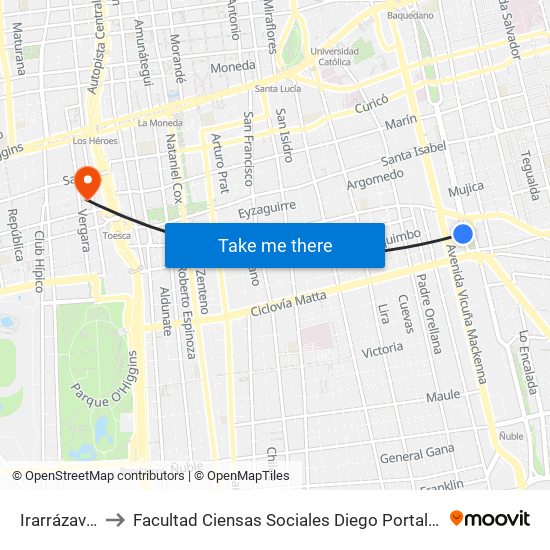 Irarrázaval to Facultad Ciensas Sociales Diego Portales map