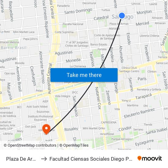 Plaza De Armas to Facultad Ciensas Sociales Diego Portales map
