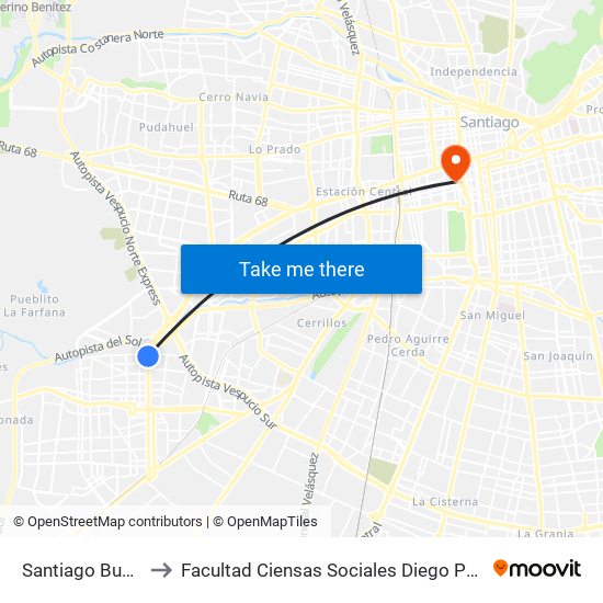 Santiago Bueras to Facultad Ciensas Sociales Diego Portales map