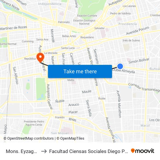 Mons. Eyzaguirre to Facultad Ciensas Sociales Diego Portales map