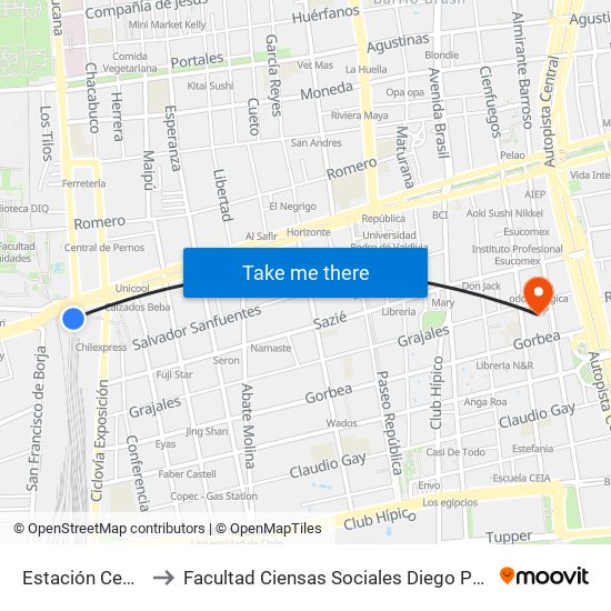 Estación Central to Facultad Ciensas Sociales Diego Portales map