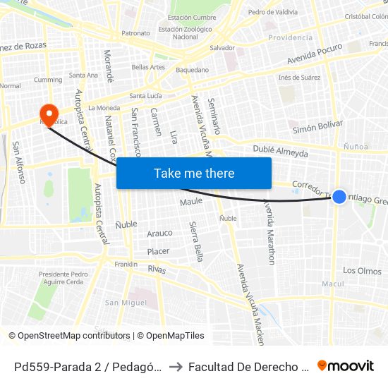 Pd559-Parada 2 / Pedagógico to Facultad De Derecho Udp map