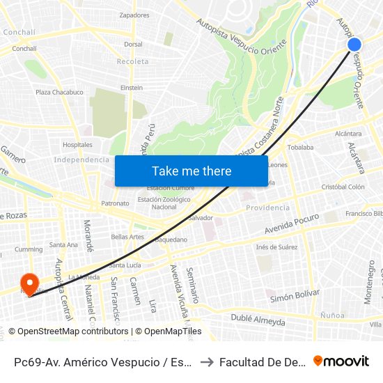 Pc69-Av. Américo Vespucio / Esq. Avenida Vitacura to Facultad De Derecho Udp map