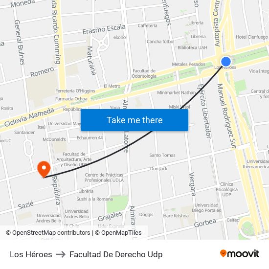 Los Héroes to Facultad De Derecho Udp map