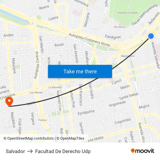 Salvador to Facultad De Derecho Udp map