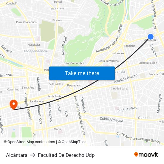Alcántara to Facultad De Derecho Udp map
