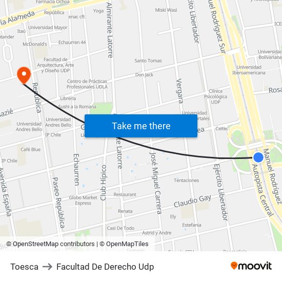 Toesca to Facultad De Derecho Udp map