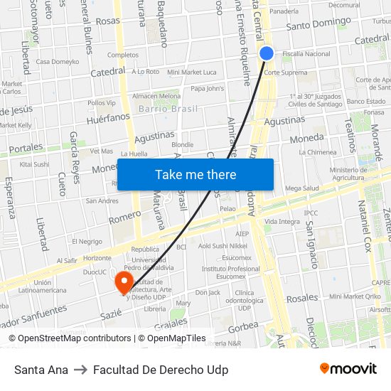 Santa Ana to Facultad De Derecho Udp map