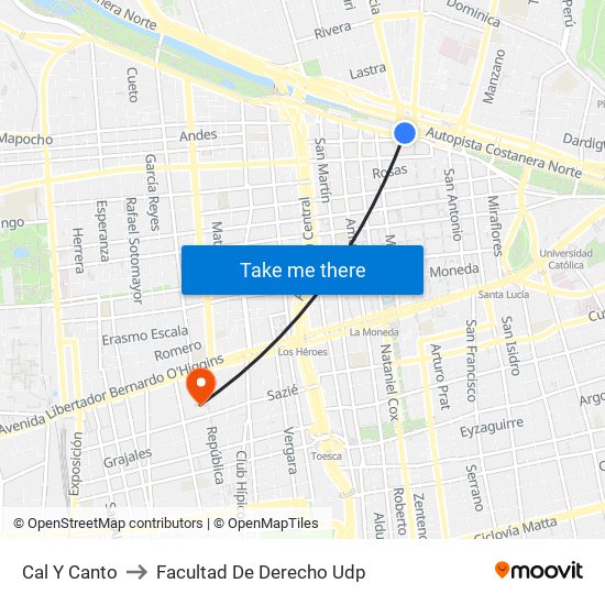 Cal Y Canto to Facultad De Derecho Udp map