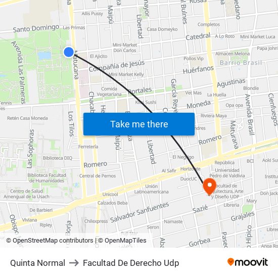 Quinta Normal to Facultad De Derecho Udp map