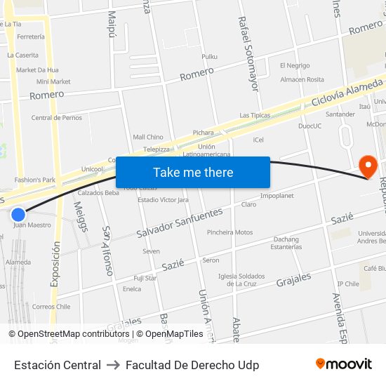 Estación Central to Facultad De Derecho Udp map