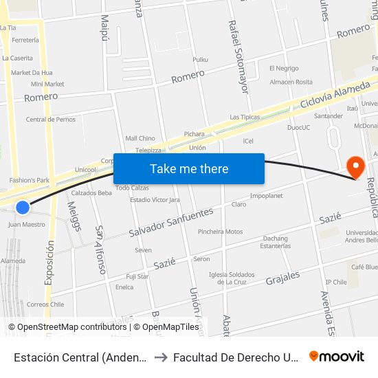 Estación Central (Anden1) to Facultad De Derecho Udp map