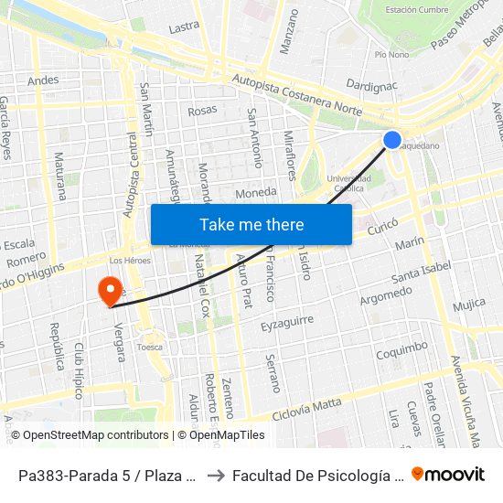 Pa383-Parada 5 / Plaza Italia to Facultad De Psicología Udp map