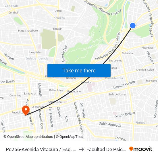 Pc266-Avenida Vitacura / Esq. Nueva Costanera to Facultad De Psicología Udp map