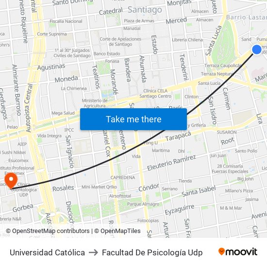 Universidad Católica to Facultad De Psicología Udp map