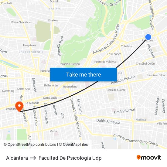 Alcántara to Facultad De Psicología Udp map