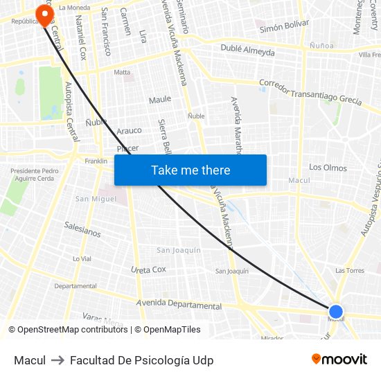 Macul to Facultad De Psicología Udp map